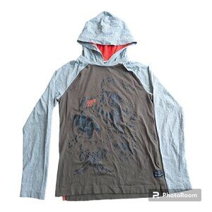 TONY Hawk Boys Large (10-12) Long Sleeved Grey/Army Green Dinosaur Shirt Hoodie